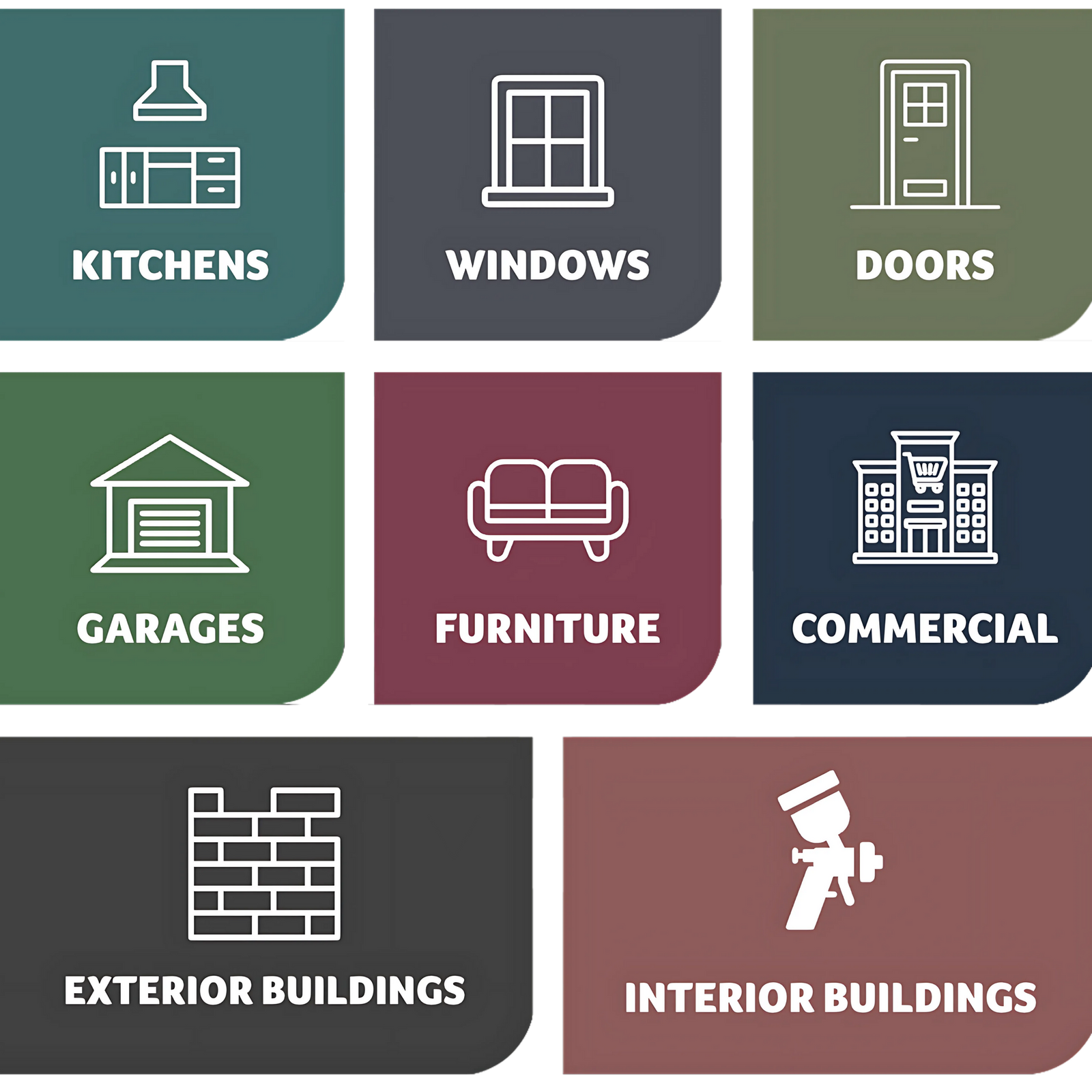 We spray kitchens, windows, doors, garages, furniture, commercial buildings, homes, interiors & exteriors